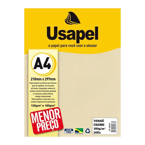 Papel Vergê 180g A4 210mmx297mm 50 Folhas Usapel Creme com 10 Unidades