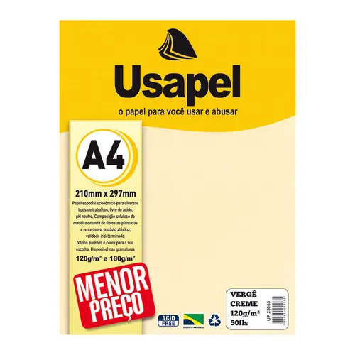 Papel Vergê 120g A4 210mmx297mm 50 Folhas Usapel Creme com 10 Unidades