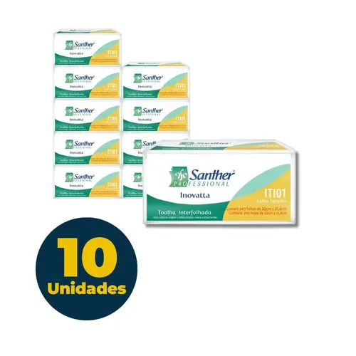 Toalha de Papel Branca 22cmx21,6cm 240 Folhas Simples Santher Inovatta Caixa com 10 Pacotes