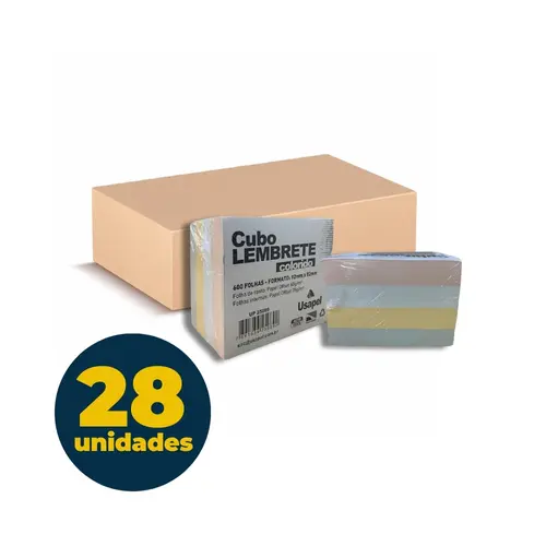 Bloco Papel Lembrete Cubo 600 Folhas 9,2cmx8,2cm Usapel Colorido com 28 Blocos