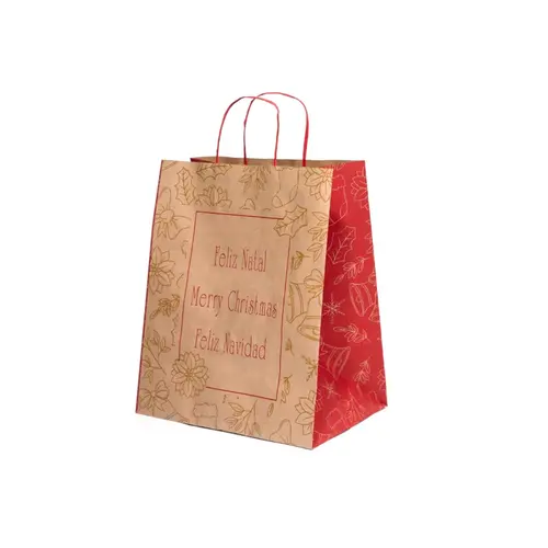 Sacola Papel Kraft Natural P 20cmx15cmx25cm Feliz Natal Pacote com 10 Unidades