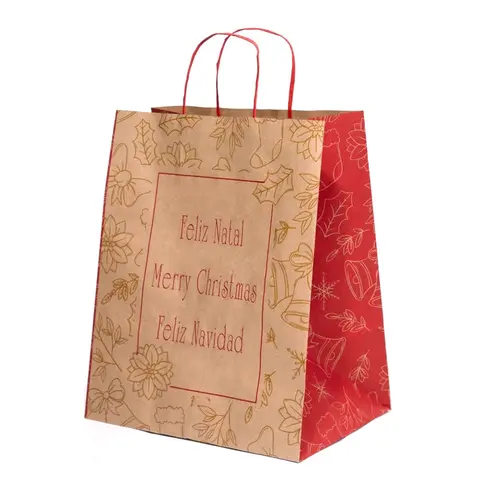 Sacola Papel Kraft Natural G 27cmx20cmx33cm Feliz Natal Pacote com 10 Unidades