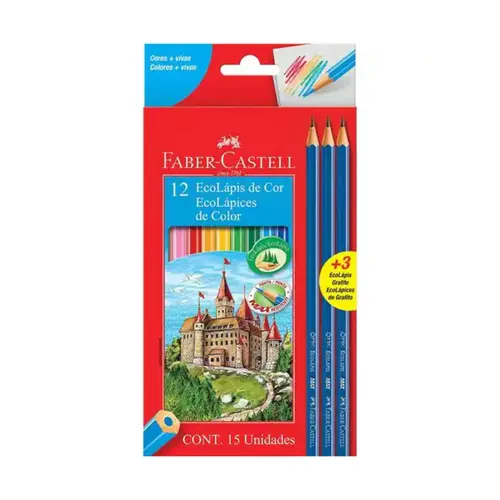 Lápis de Cor Faber-Castell Kit Escolar 12 Cores + 3 Lápis Grafite com 12 Unidades