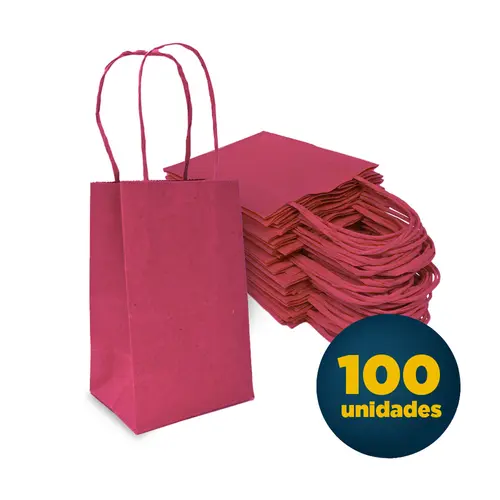 Sacola de Papel Kraft Mini 9,5cm X 7,5cm X 14,5cm Lisa Cor Rosa Pink com 100 UN