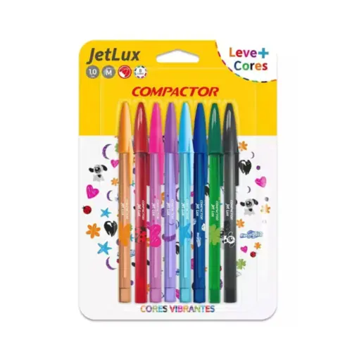 Caneta Esferográfica 1.0mm Jet Lux Blister 8 Cores Compactor