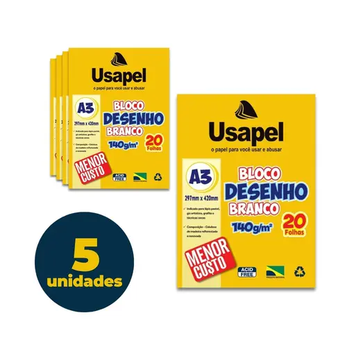 BLOCO ESCOLAR DESENHO A3 29,7CMX42CM 140G 20FL USAPEL BRANCO 5 UN
