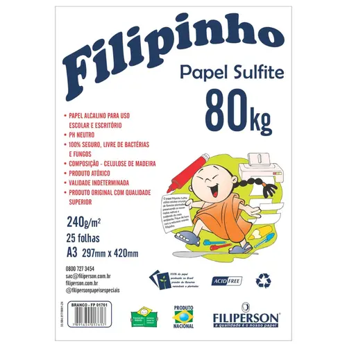 Bloco Escolar Sulfite A3 29,7cm X 42cm 240G 25 Folhas Branco Filipinho