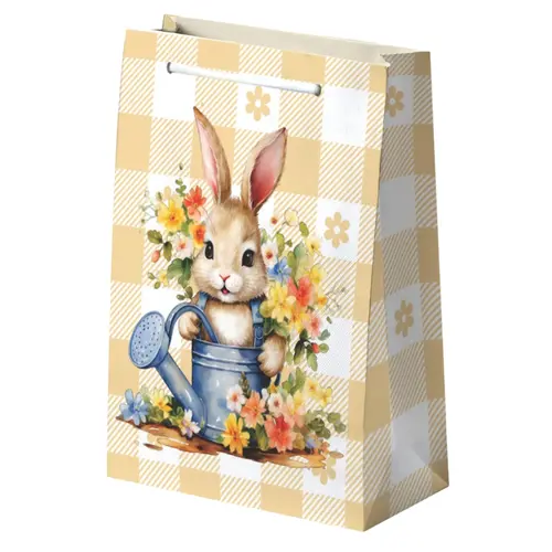SACOLA PAPEL PRESENTE PP 15CMX12CMX6CM PASCOA COELHO XADREZ JARDIM