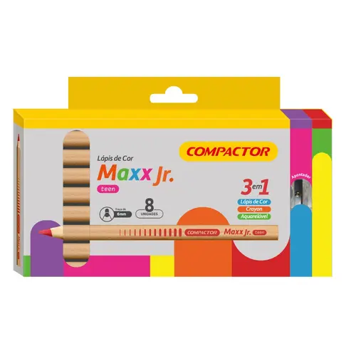 Lápis de Cor Aquarelável 8 Cores Compactor Maxx Junior Teen + Apontador