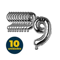 BALAO METALIZADO PRATA 35CMX23CM N° 9 10 UN