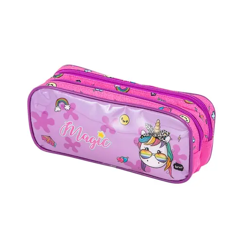 Estojo Com 2 Zíper Unicórnio Rosa e Roxo