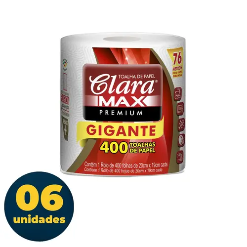 TOALHA PAPEL 1 ROLO C/400 TOALHAS 20CMX19CM CLARAMAX PREMIUM GIGANTE 6 PCT