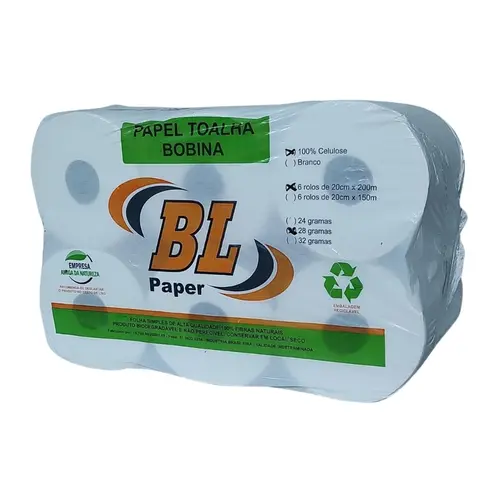 Toalha Papel Rolo Branca 20CMX200M 100% Celulose 06 Rolos BL PAPER
