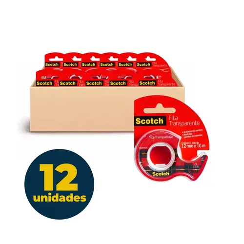 Fita Adesiva 12mm x 10m Scotch com Dispensador Caixa com 12 Unidades