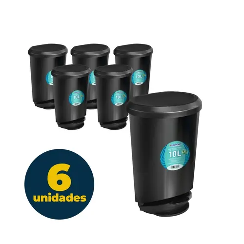 LIXEIRA 010L PLASTICA C/PEDAL ARQPLAST PRETA 6 UN