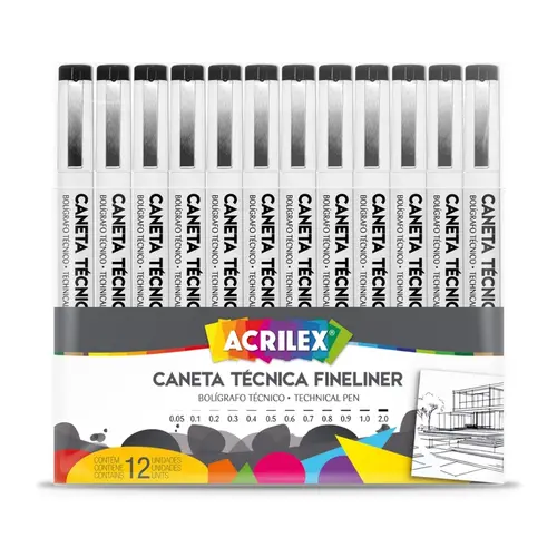 Caneta Nankin Fineliner Estojo 12 uni Preta Acrilex