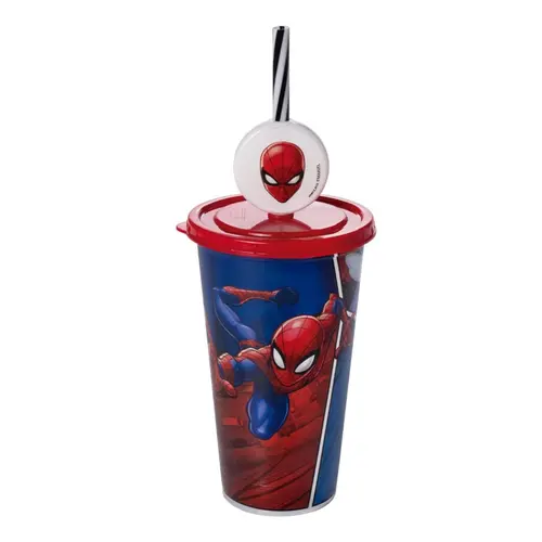 Copo Plástico com Canudo Pin 500ML Auto Relevo Spider Man