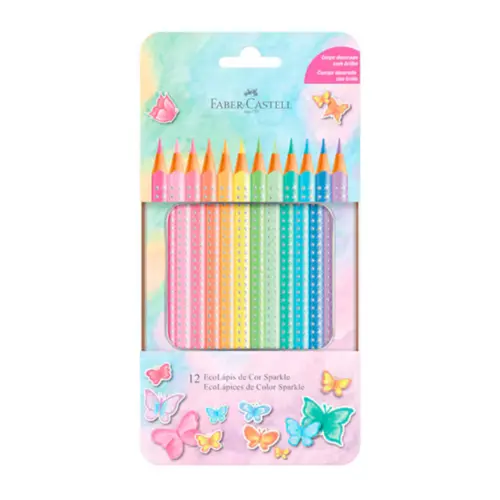 Lápis Cor 12 Cores Pastel Triangular EcoLapis Sparkle Estojo Metálico Faber Castell