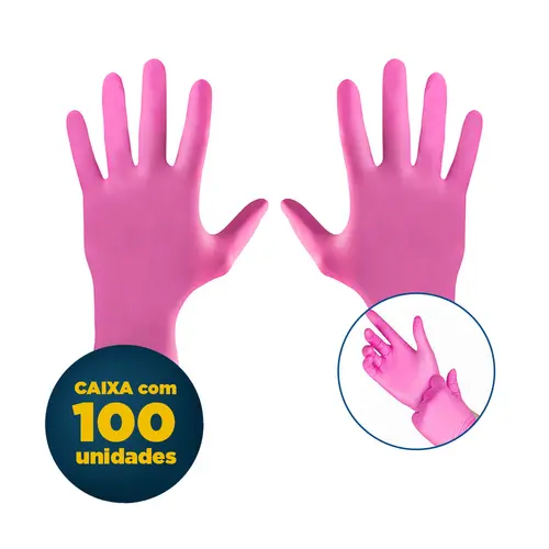 Luva Nitrilica Descartável Pequena Rosa sem Pó 100 unidades