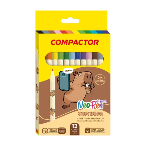 Hidrocor 12 Cores Compactor Neo Pen Gigante Capivara com Cheirinho Doce
