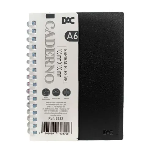 Caderneta Flexivel Espiral 80 Folhas A6 105x150mm DAC Preto