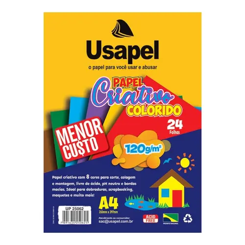 Papel Colorido Criativo Color Set 8 Cores 120g A4 24 Folhas Usapel