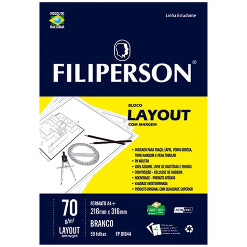 Bloco Escolar Layout com Margem A4+ 21,6x31,6cm Filiperson 70g/m² 50 Folhas