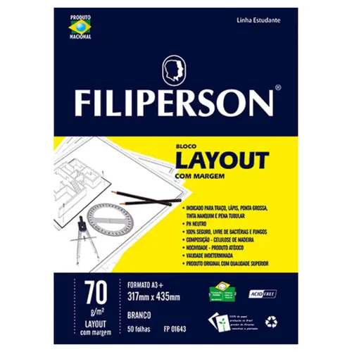 Bloco Escolar Layout com Margem A3+ 31,6cm x 43,5cm Filiperson 70g/m² 50 Folhas