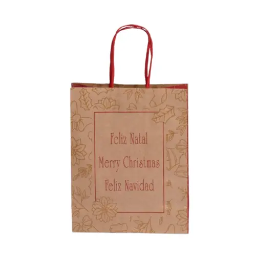 Sacola Papel Kraft P 17,5cm x 8,5cm x 21,5cm Natural Feliz Natal