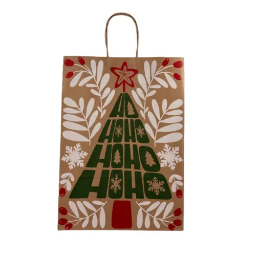 Sacola Papel Kraft M 20cm x 15cm x 25cm Natural Natal Ho Ho Ho