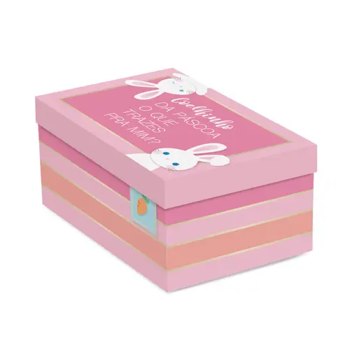 Caixa Presente Ovo de Colher 350g Coelhinhos Rosa 17,5x13,5x10cm Cromus