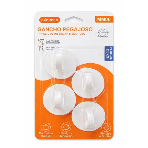 Gancho Plástico Médio Adesivo com 4 Unidades Multiuso