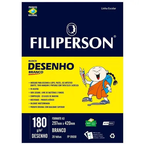 Bloco Escolar Desenho A3 180g Filiperson 297mmx420mm 20 Folhas Branco