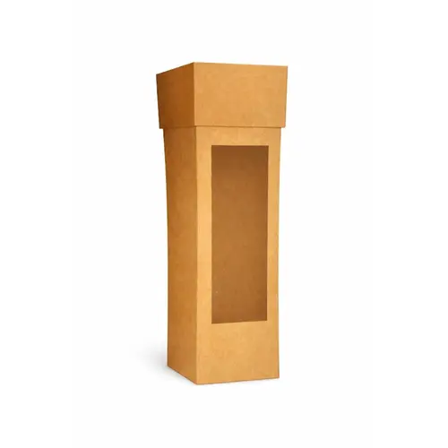 Caixa Presente Kraft para Vinho com Visor 8,2cmx8,2cmx32cm