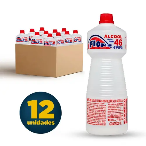Álcool Líquido Etílico Antisséptico 70 INPM 1000ml Flop's Caixa com 12 Unidades