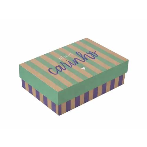 Caixa de Presente Retangular com Tampa M Cromus Kraft Petit Stripes Turquesa