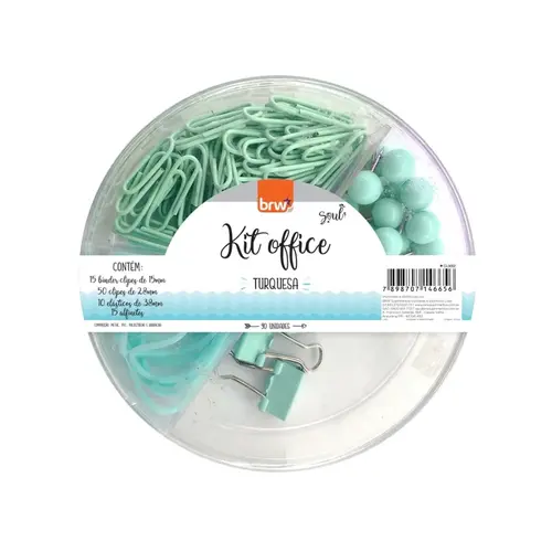Kit Office BRW Clipes, Prendedor, Alfinete e Elástico Turquesa CL0002