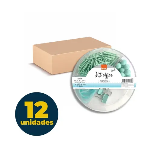 KIT OFFICE CLIPES/BINDER/ALFINETE/ELASTICO BRW TURQUESA 12 UN