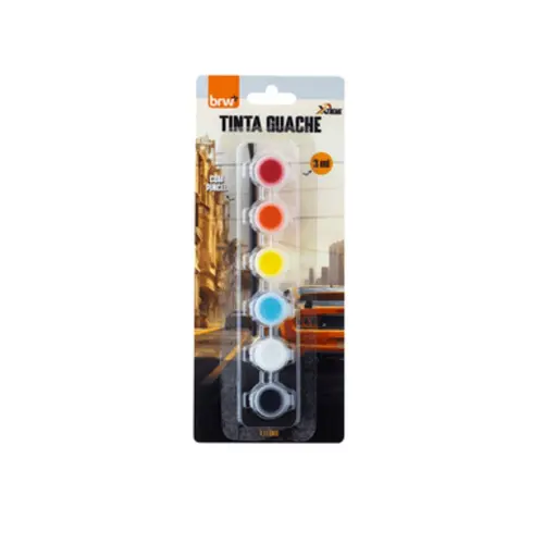 Tinta Guache 3ml 6 Cores + Pincel BRW Xtreme Blister com 7 Peças TG0329