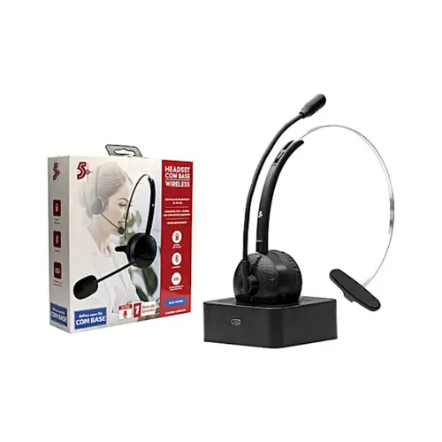 Fone de Ouvido Headset Bluetooth 5.0+ Office Preto com Base HS-200