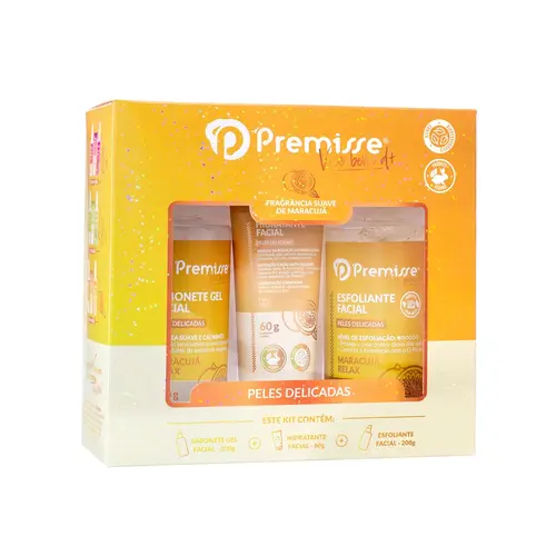 Kit Facial Premisse Sabonete Gel 220g, Esfoliante 220g e Hidratante para Peles Delicadas 60g