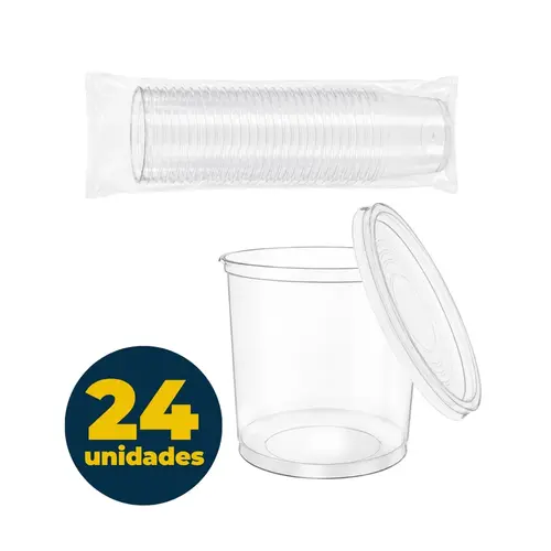 Pote Plástico 250ml Transparente Redondo com Tampa Pacote com 24 Unidades