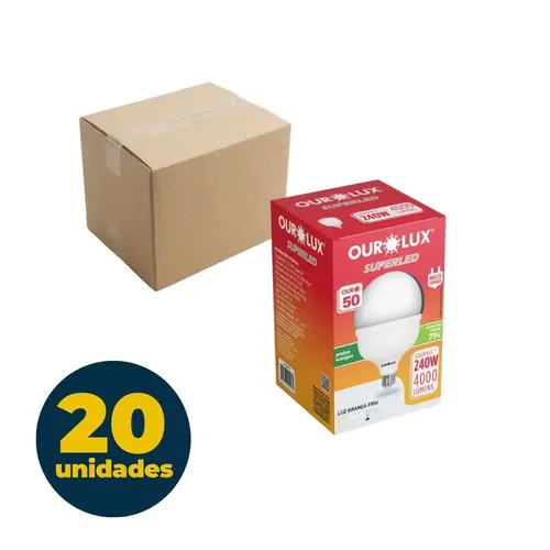 LAMPADA BULBO T ALTA POTENCIA 50W LED BRANCA FRIA 6500K E27 SUPERLED OUROLUX 20 UN